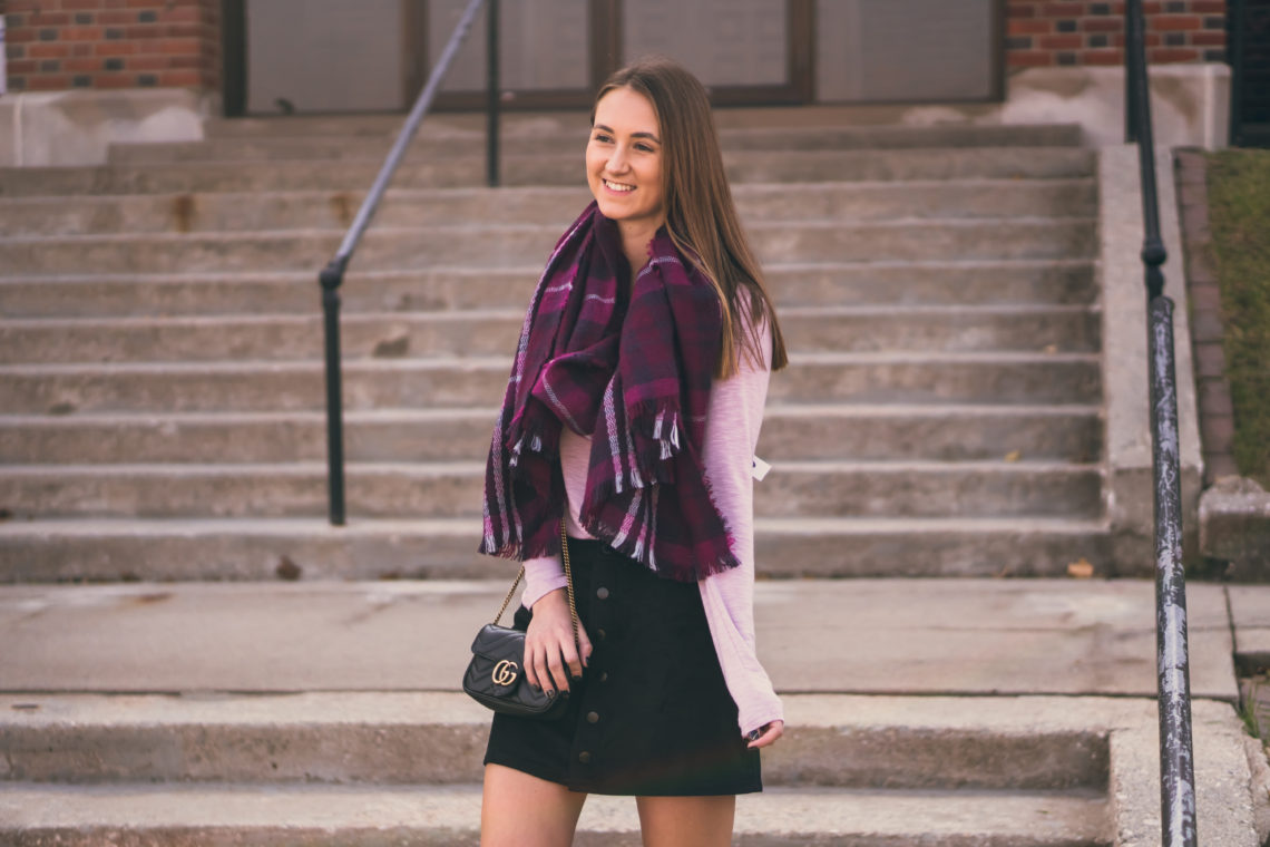 plaid blanket scarf, suede skirt, fall style