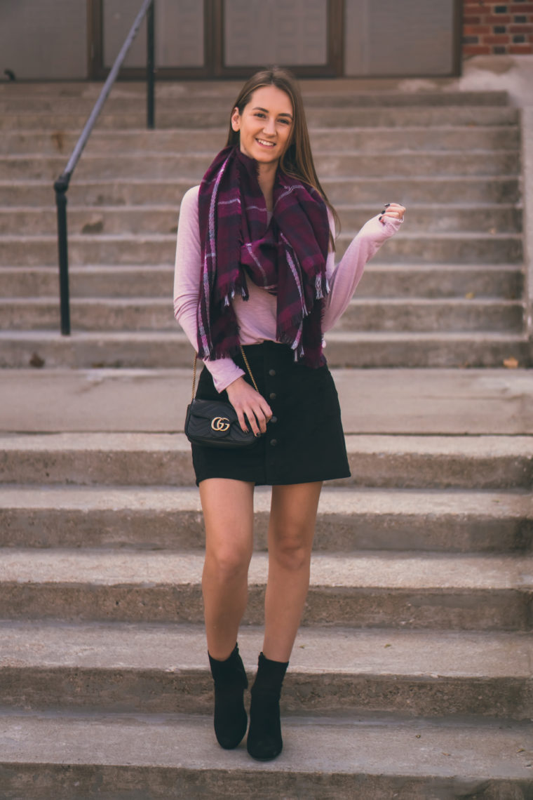 flannel blanket scarf, black sock booties, fall style