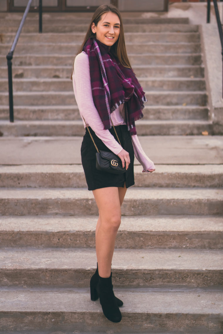 purple plaid scarf, black sock booties, fall style
