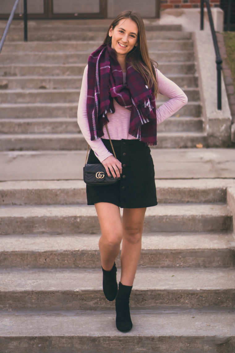 black sock booties, plaid blanket scarf, Gucci bag, fall style