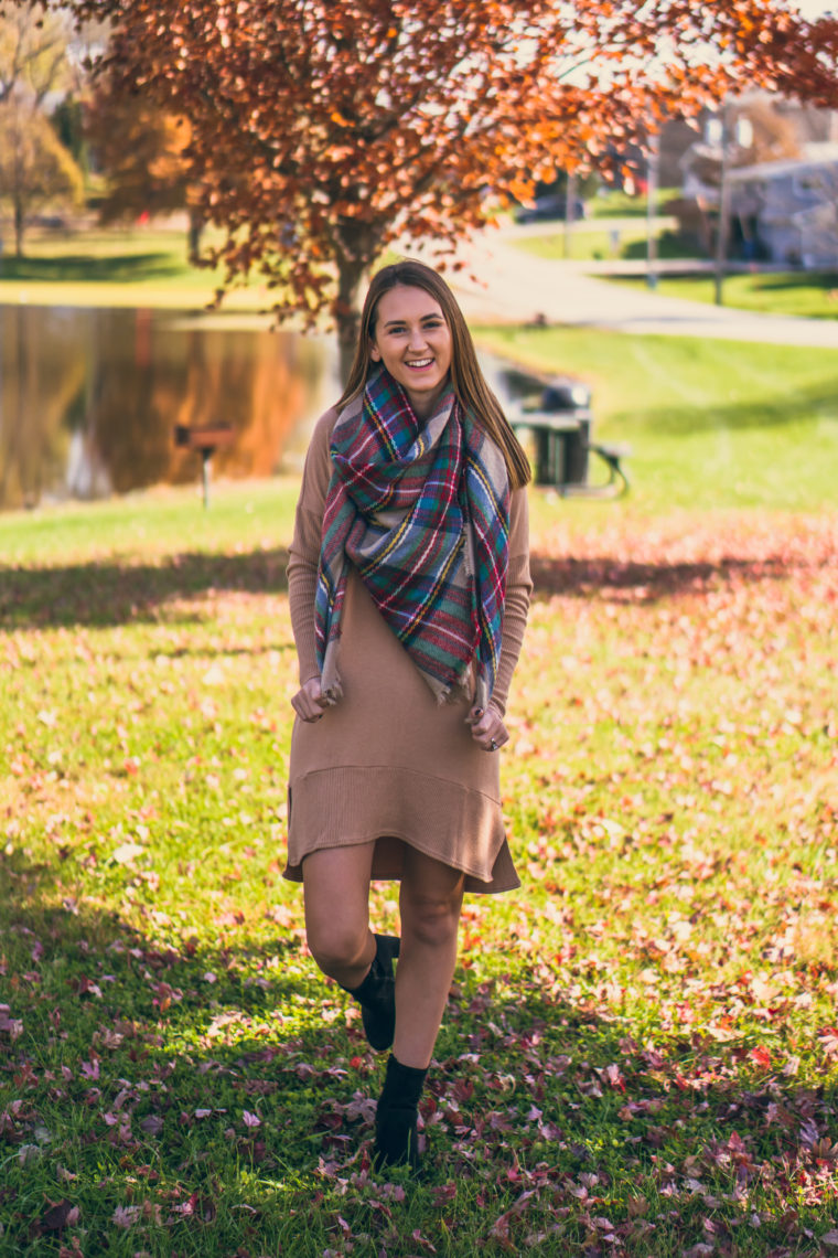 sweater dress, plaid blanket scarf, fall style