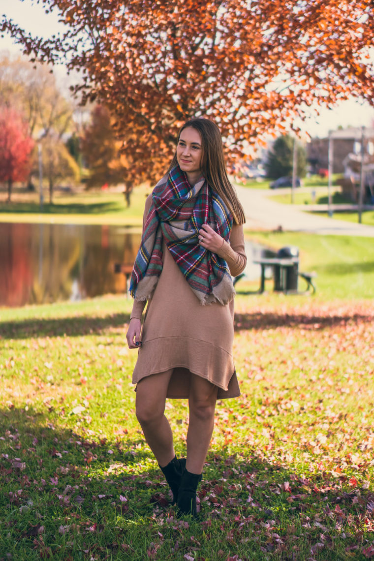 sweater dress, plaid blanket scarf, fall style