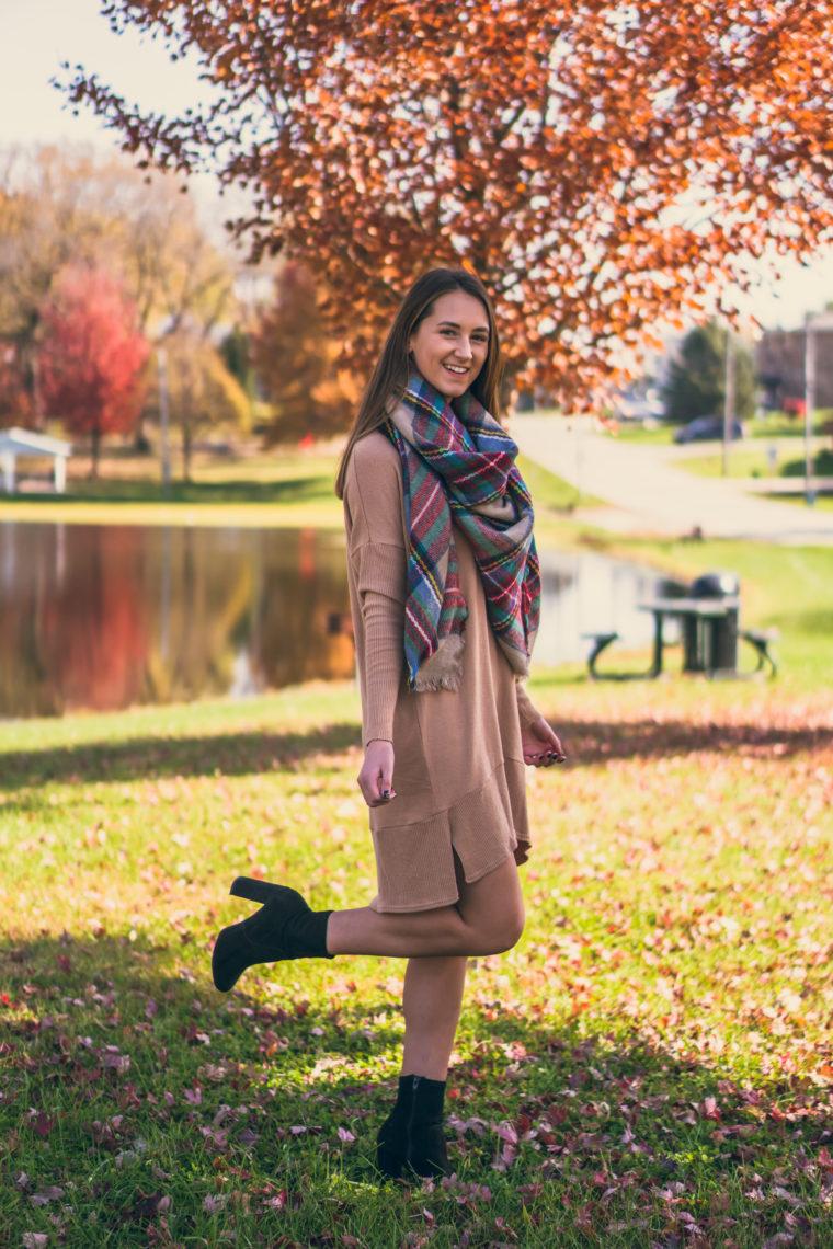 sweater dress, plaid blanket scarf, fall style