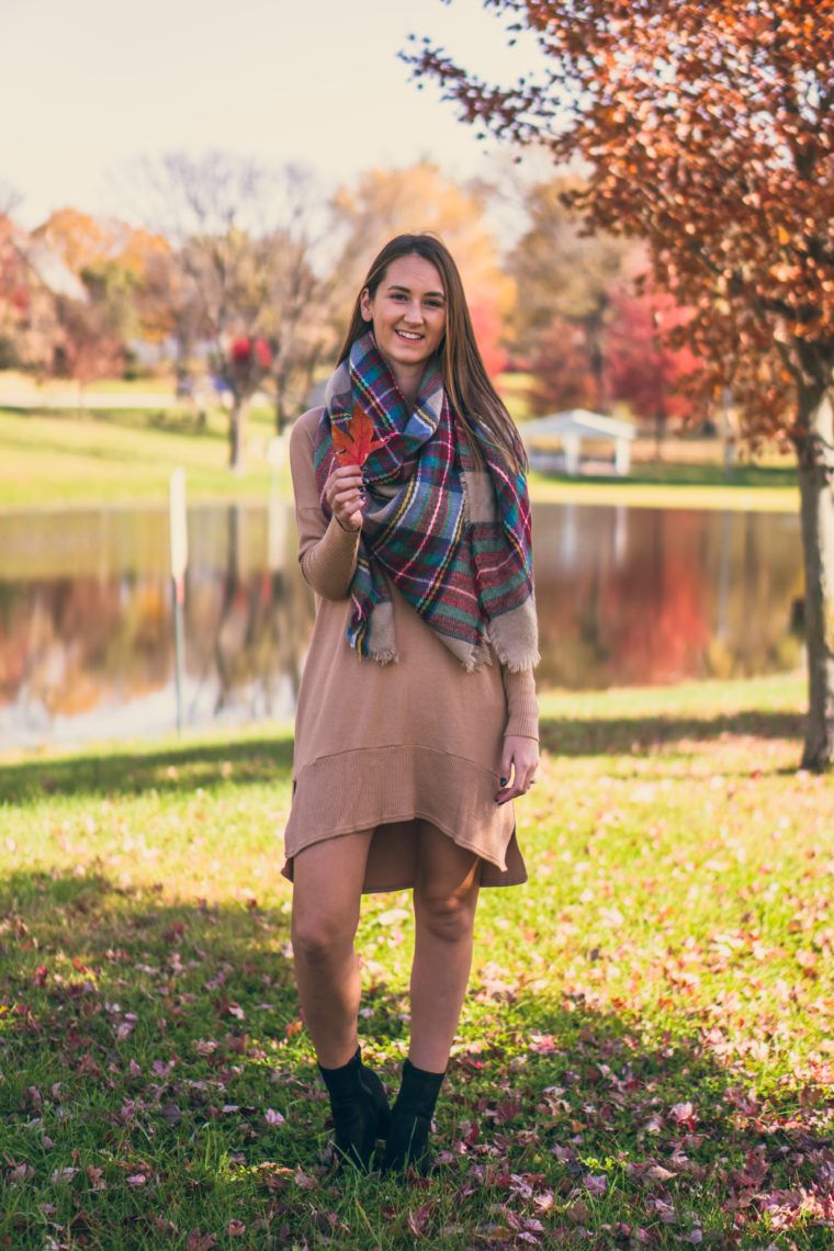 sweater dress, plaid blanket scarf, fall style