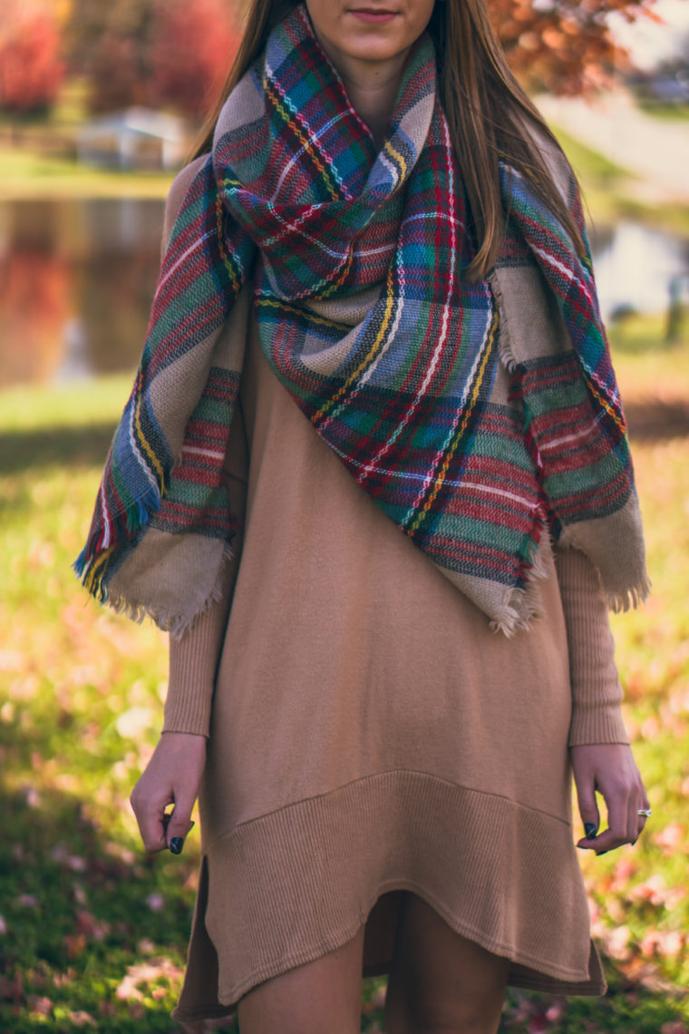 sweater dress, plaid blanket dress, fall style