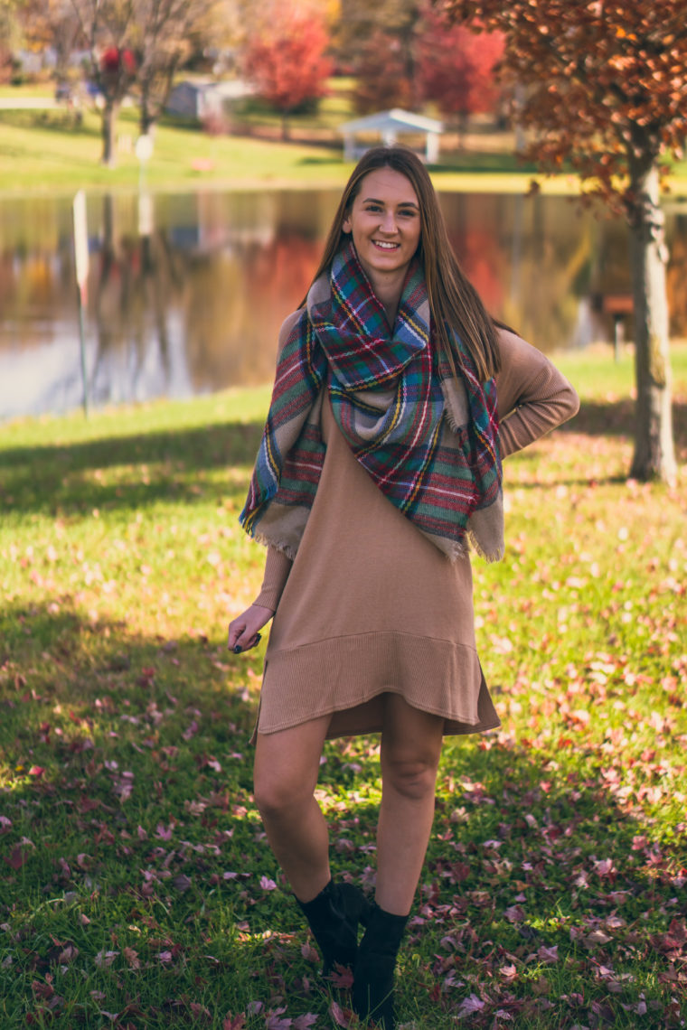 sweater dress, plaid blanket scarf, fall style