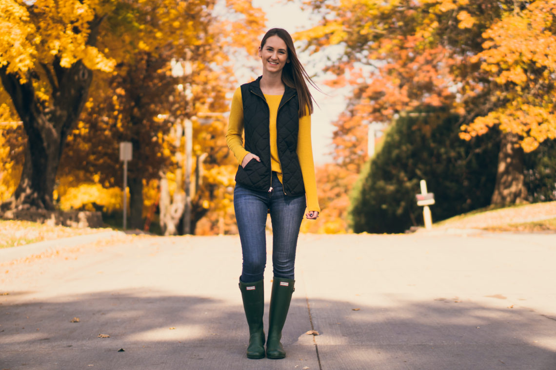 quilted vest, Hunter boots, fall style