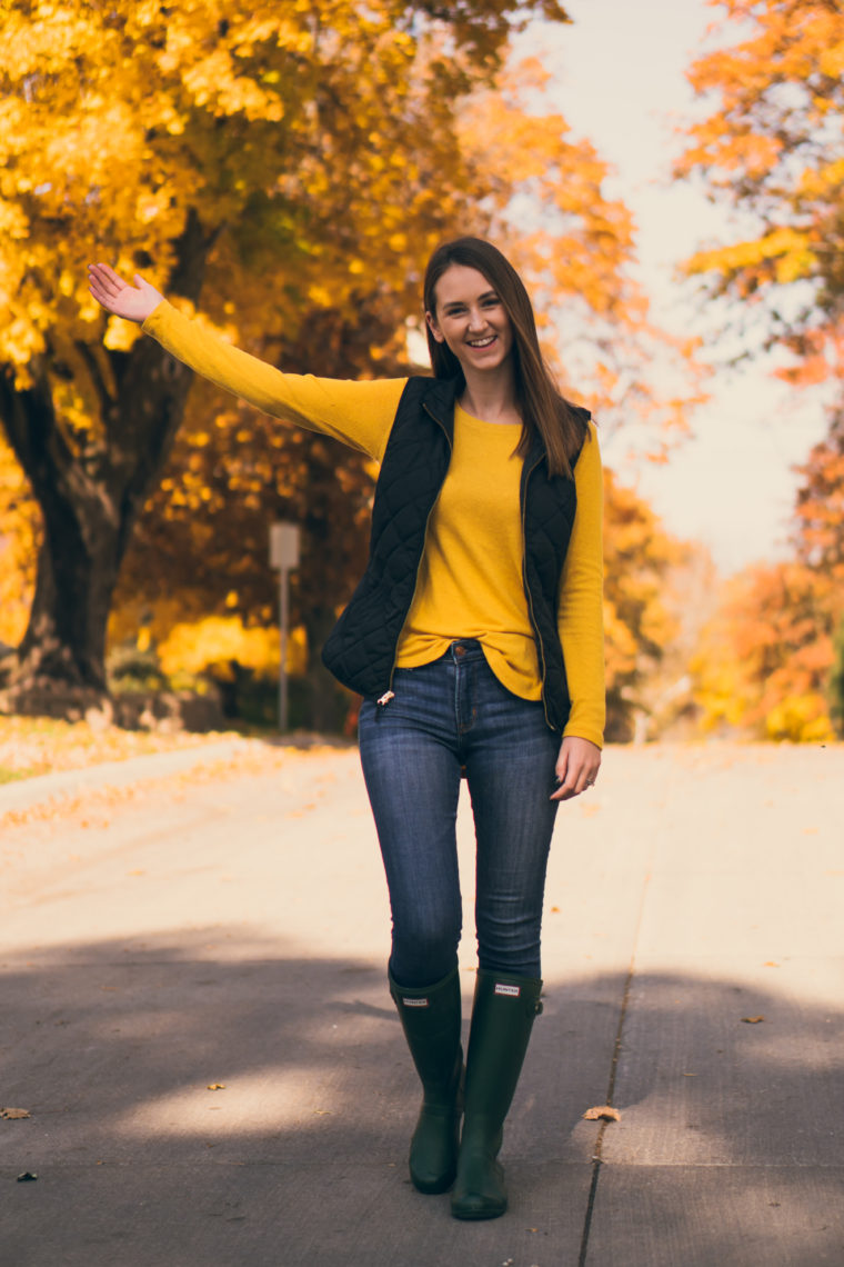 quilted vest, Hunter boots, yellow leaves, fall style