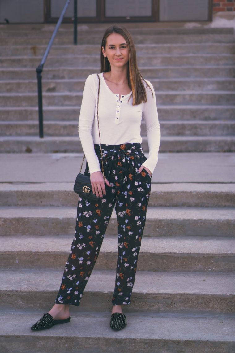floral pants, studded mules, fall style