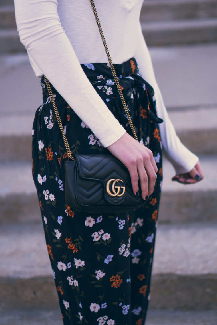 floral pants, Gucci bag, fall style