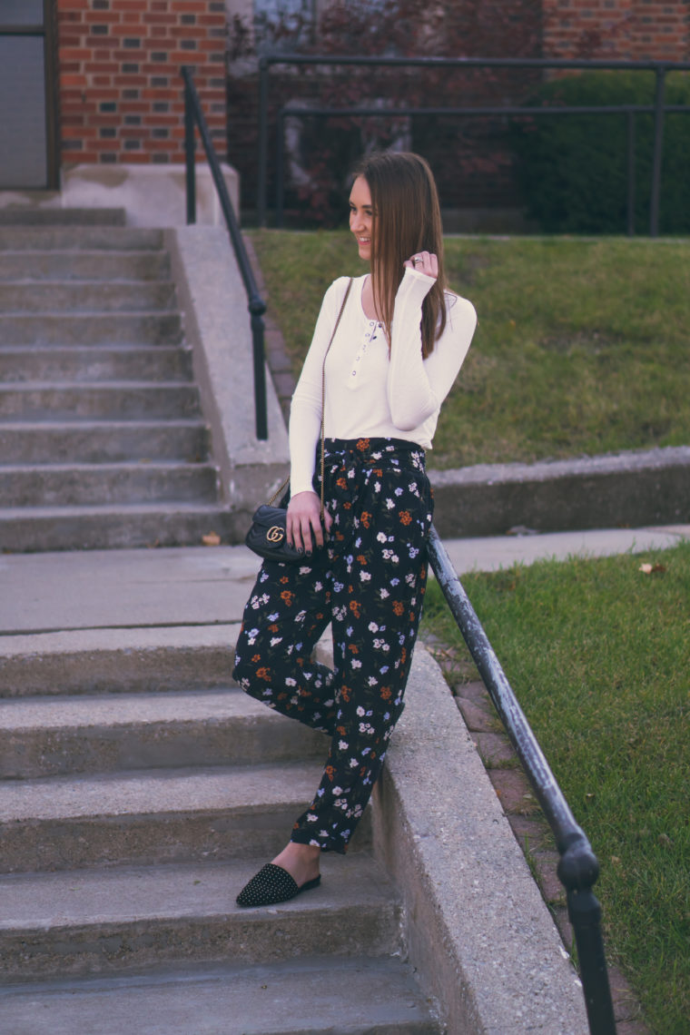 floral pants, white henley, fall style