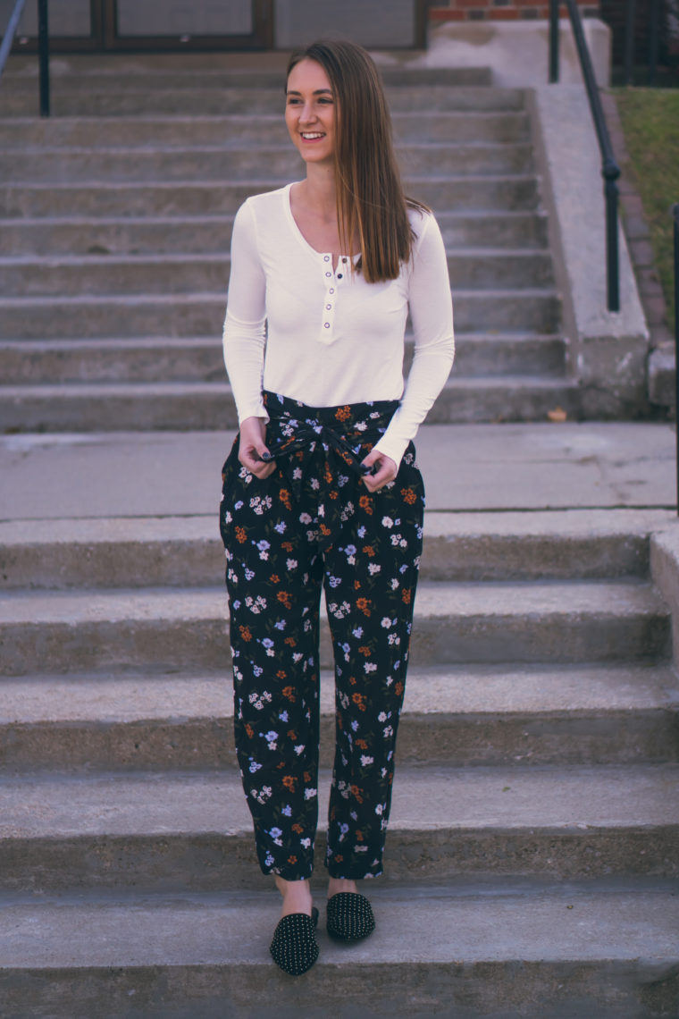 floral pants, fall style, white henley