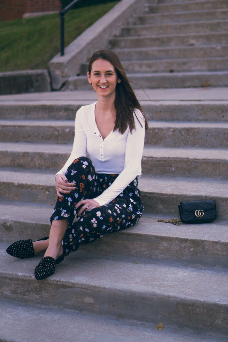 floral pants, Gucci bag, fall style