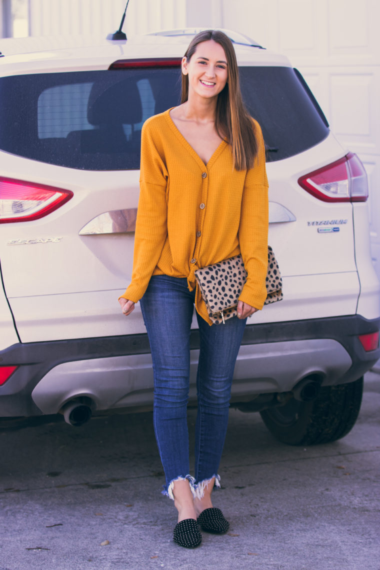 yellow tie front top, studded mules, leopard clutch, fall style