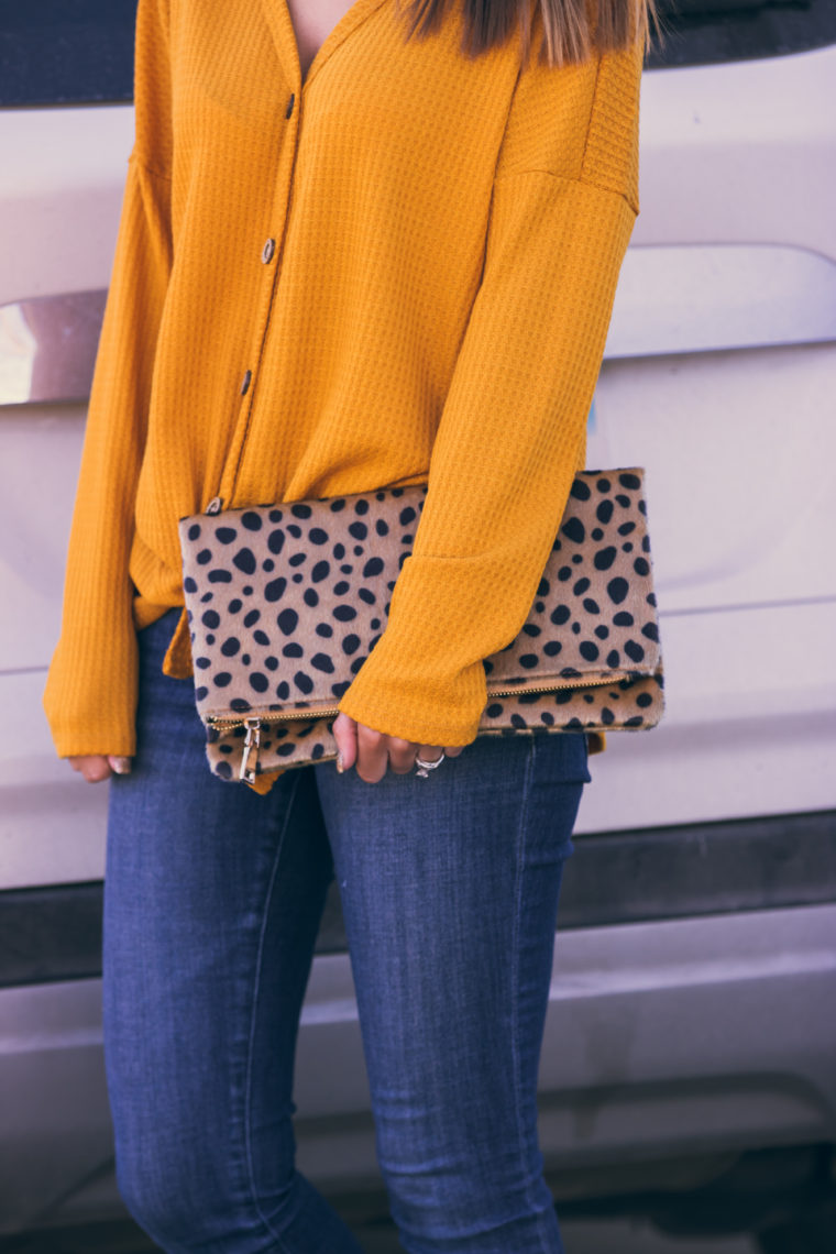 mustard yellow top, leopard clutch, fall style