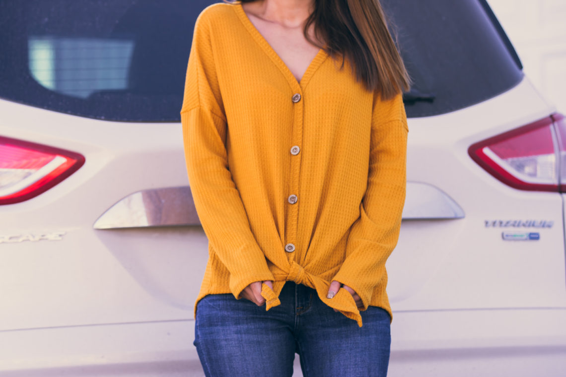tie front top, mustard yellow top, fall style