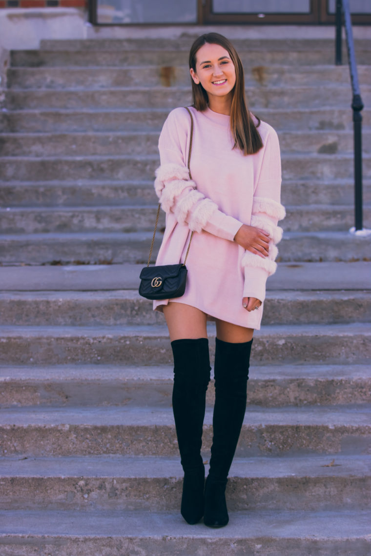 faux fur sleeve sweater, black over the knee boots, Gucci bag
