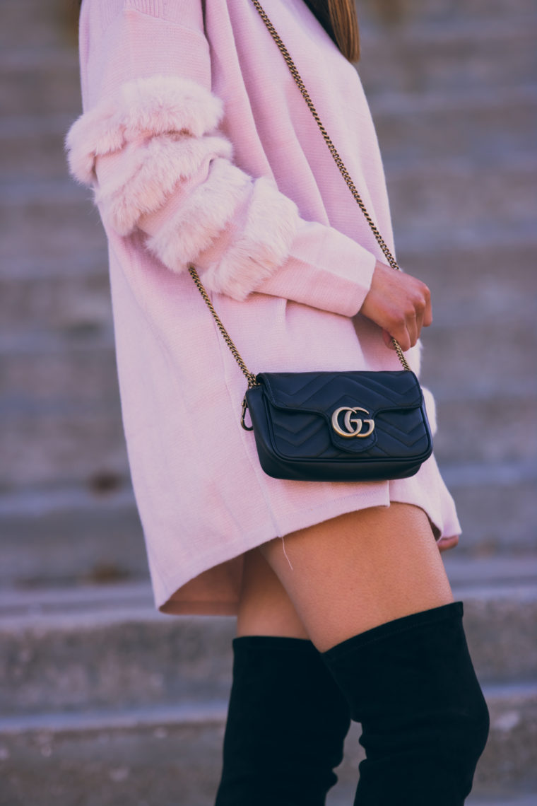 faux fur sleeve sweater, Gucci bag, fall style