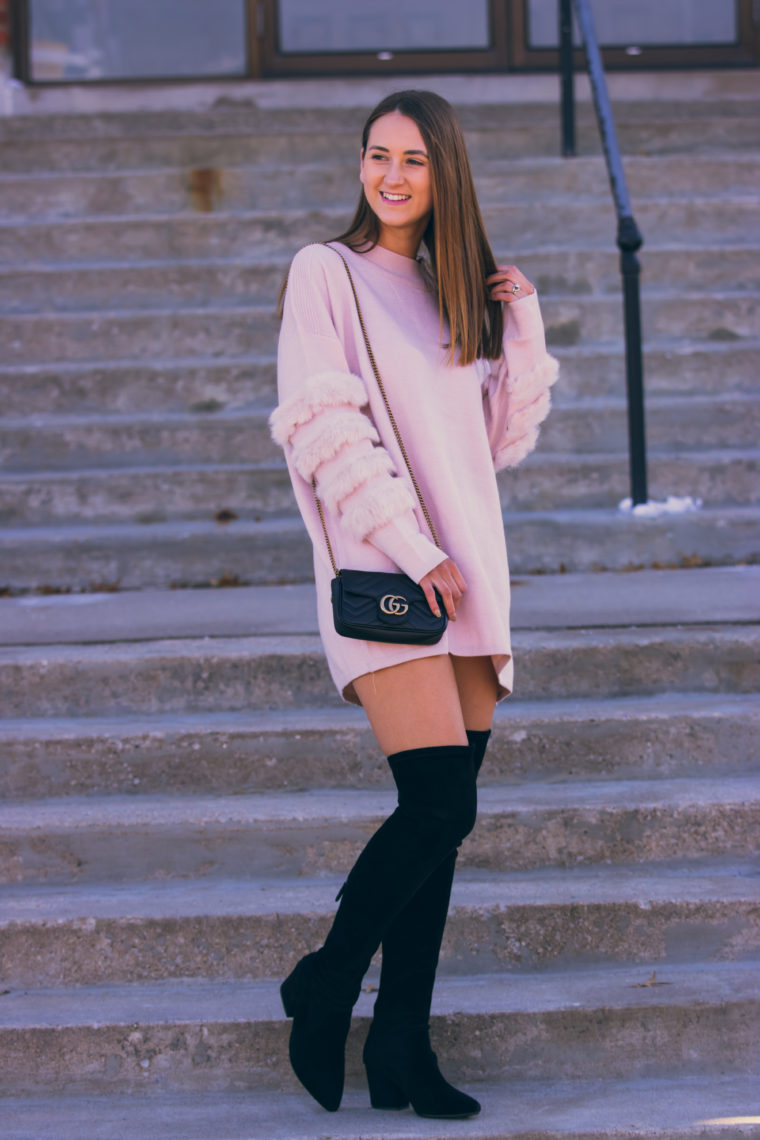 faux fur sleeve sweater, over the knee boots, fall fashion, Gucci bag
