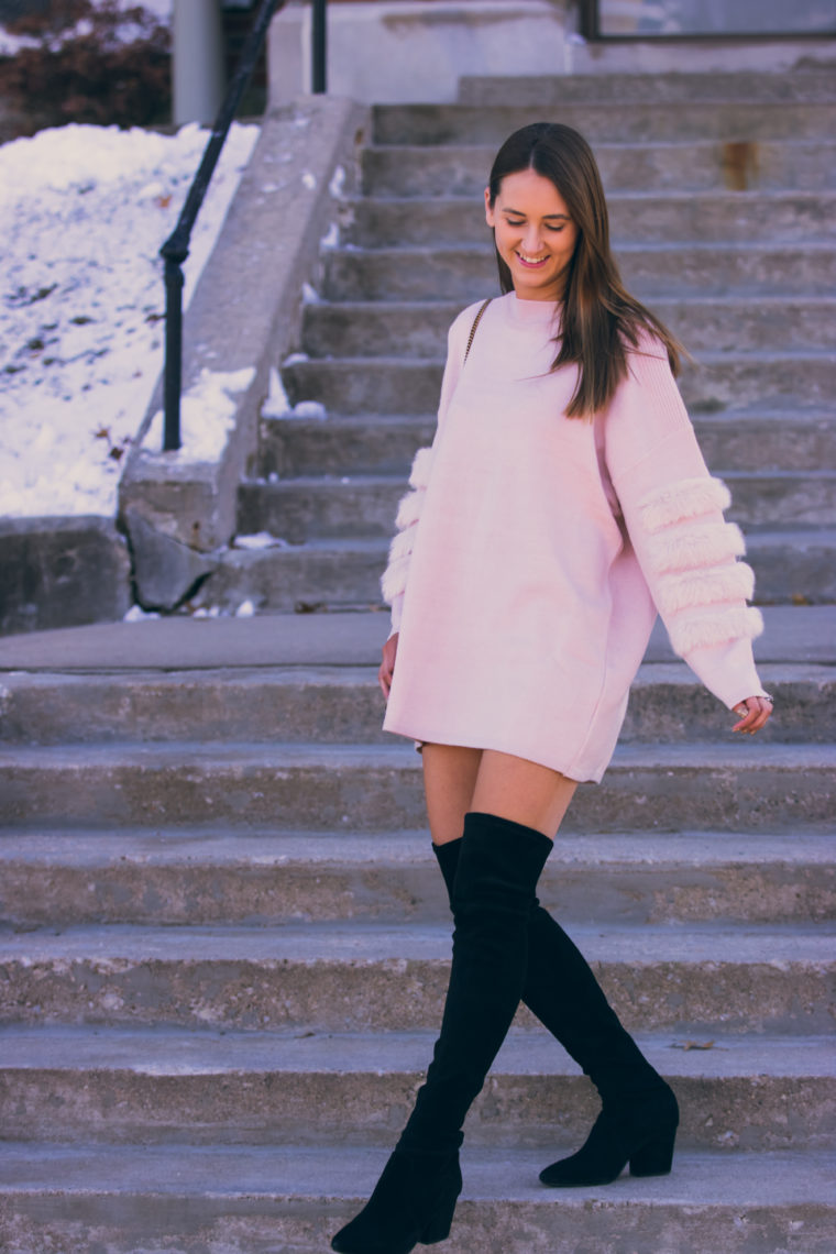 faux fur sleeve sweater, black over the knee boots, fall style