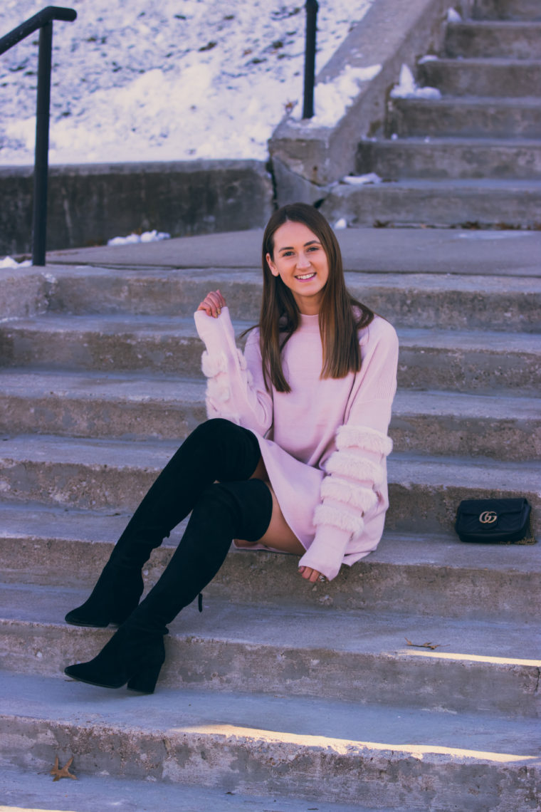 faux fur sleeve sweater, over the knee boots, fall style