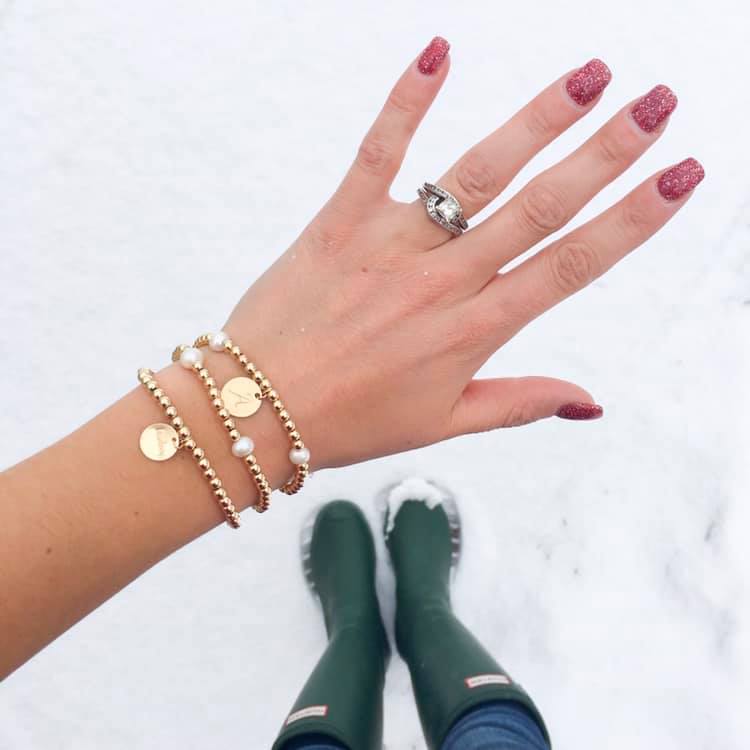 pearl bracelets, Taudrey bracelets, green hunter boots