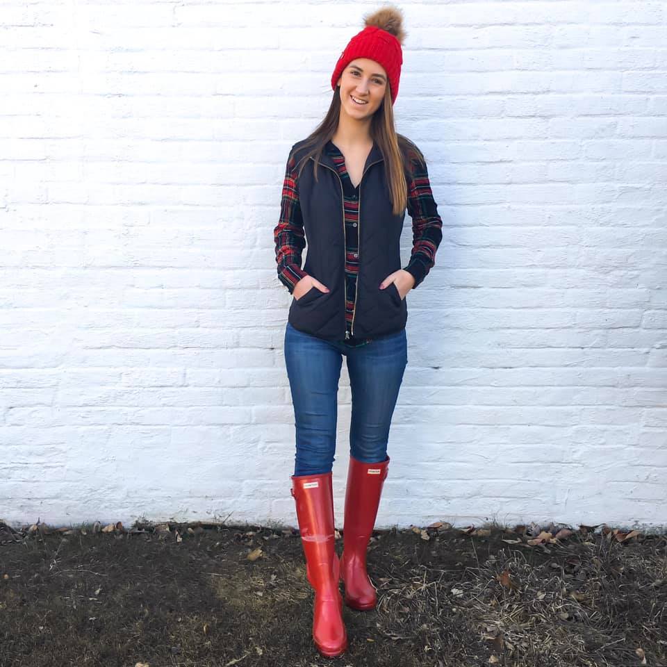 red hunter boots, red pom pom beanie, holiday style