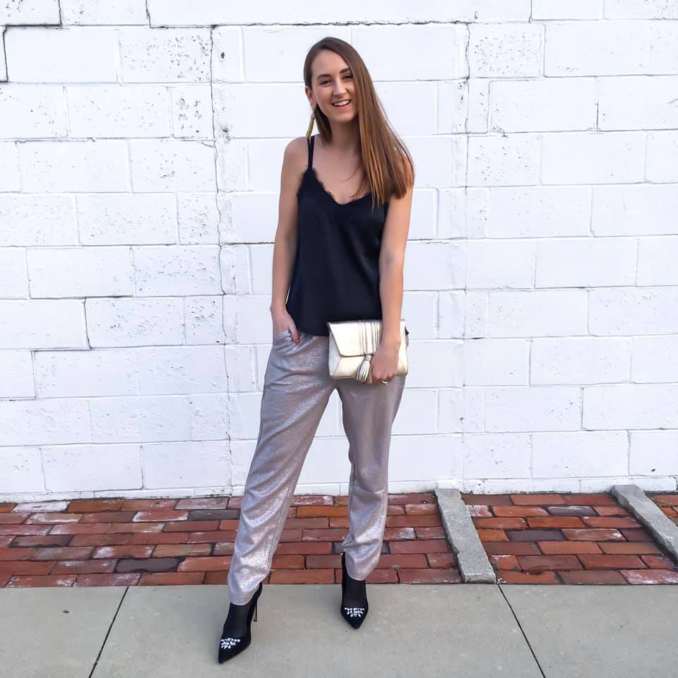 metallic gold pants, NYE outfit, metallic clutch