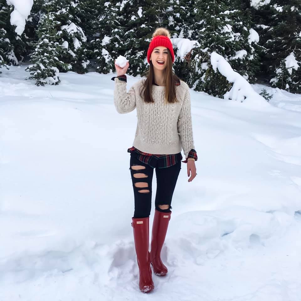 white embellished sweater, red hunter boots, winter style