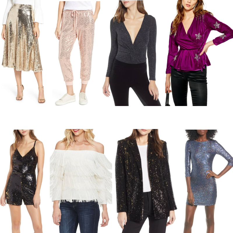 NYE outfits, sequin dress, sequin pants, sequin jumpsuit