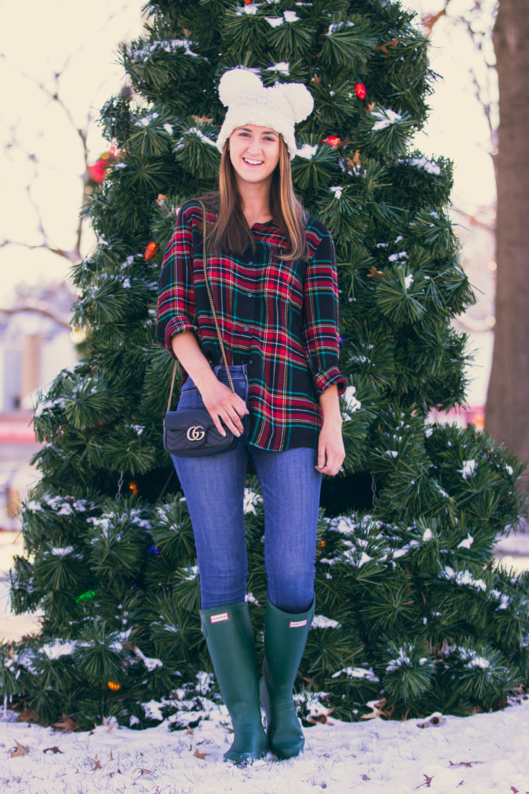 plaid top, white beanie, holiday style