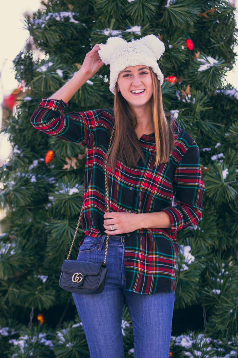 Gucci bag, white beanie, holiday style