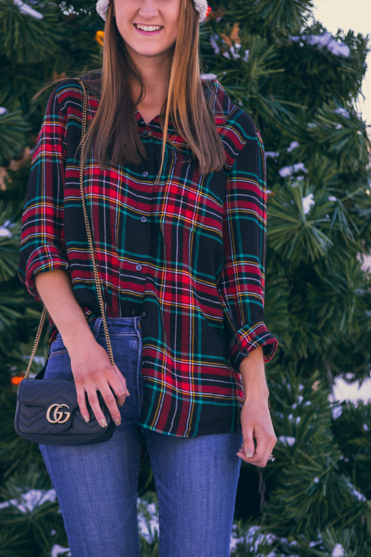 Gucci bag, plaid top, holiday style