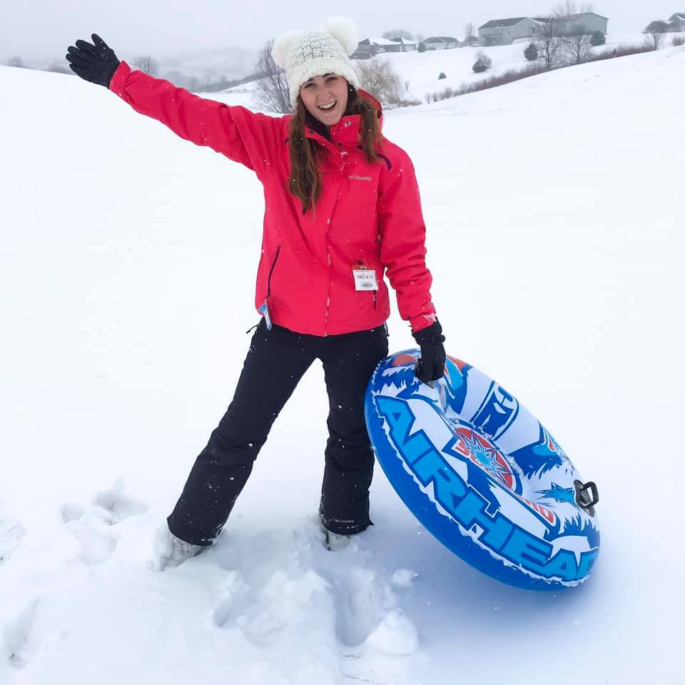 snow tubing, snow day, pom pom beanie