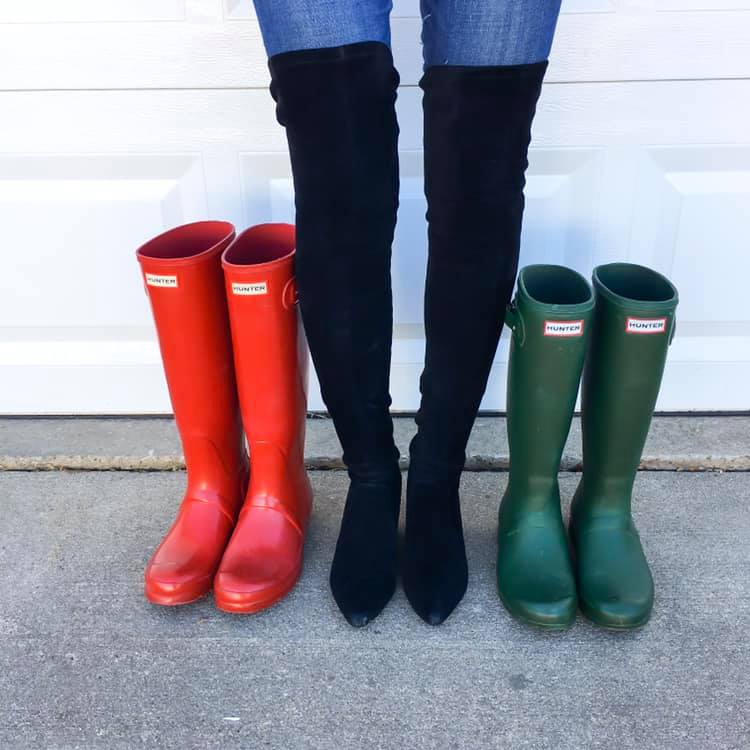 red Hunter boots, green Hunter boots, black OTK boots