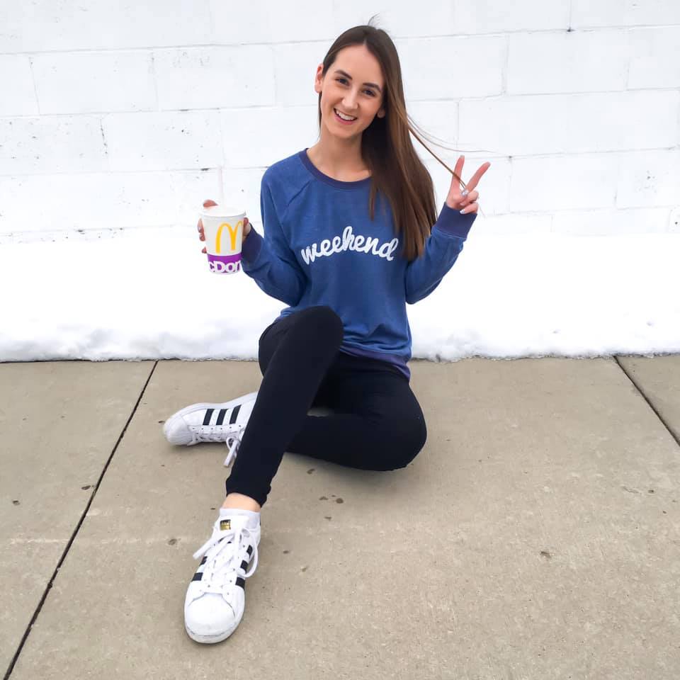 weekend shirt, black leggings, Adidas superstar sneakers