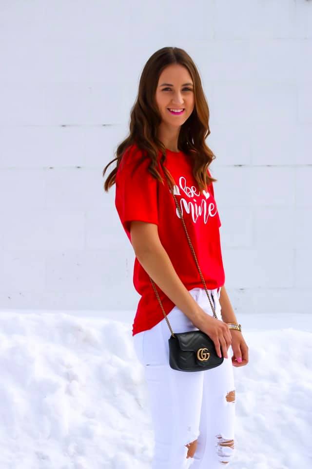 Be Mine graphic tee, Gucci bag, Valentine's Day outfit