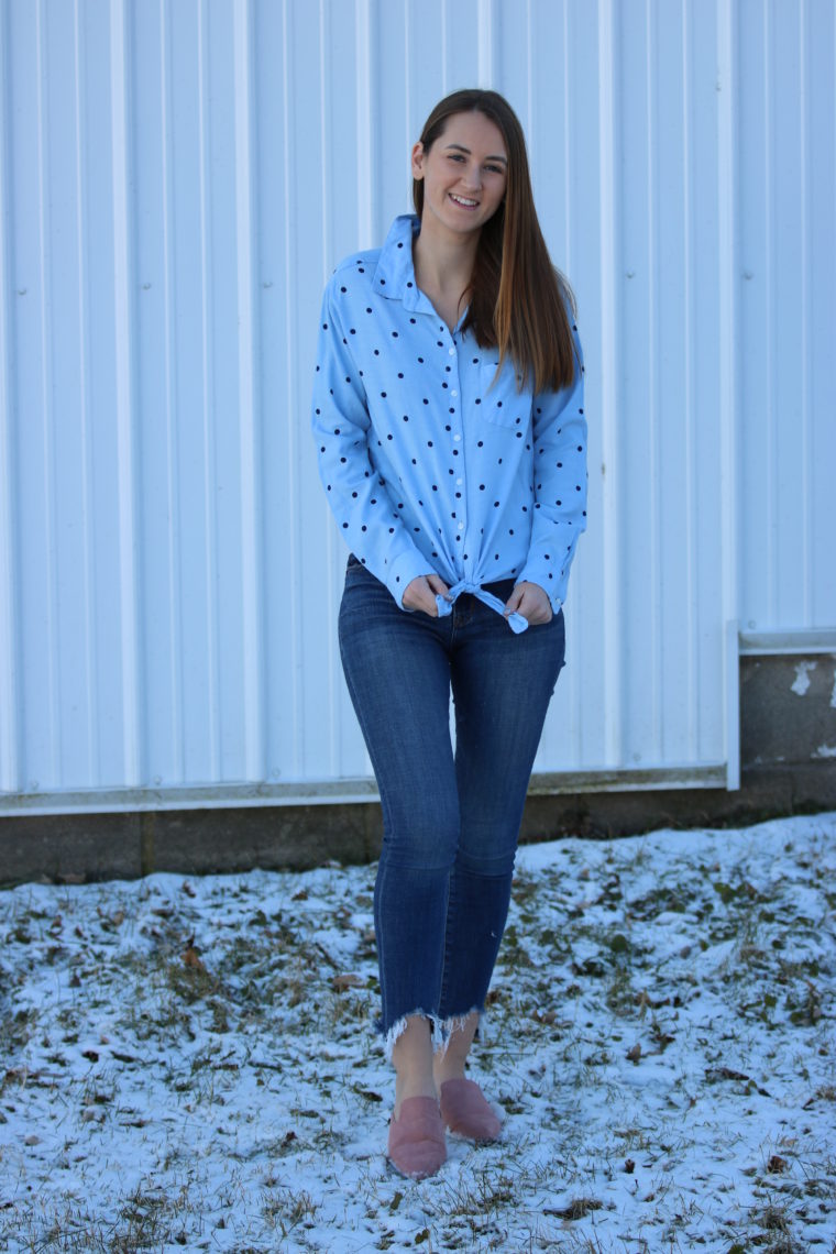 polka dot shirt, tie-hem shirt, pink mules