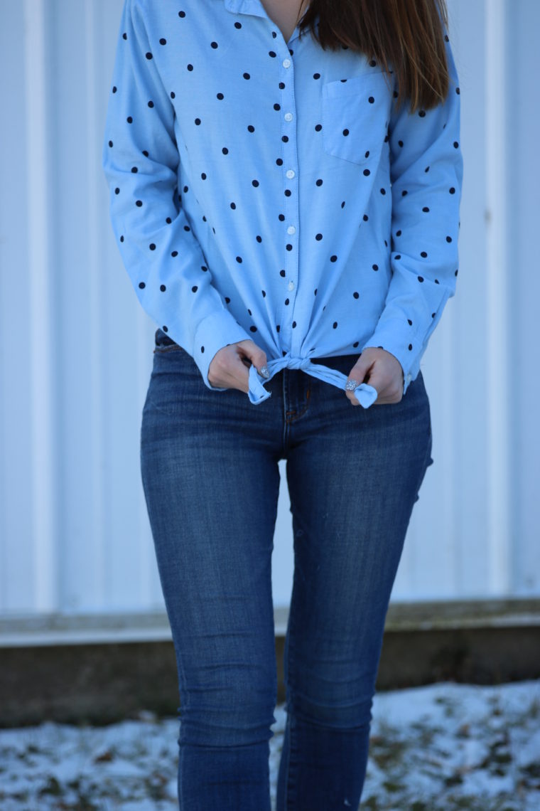 blue polka dot top, tie front blouse