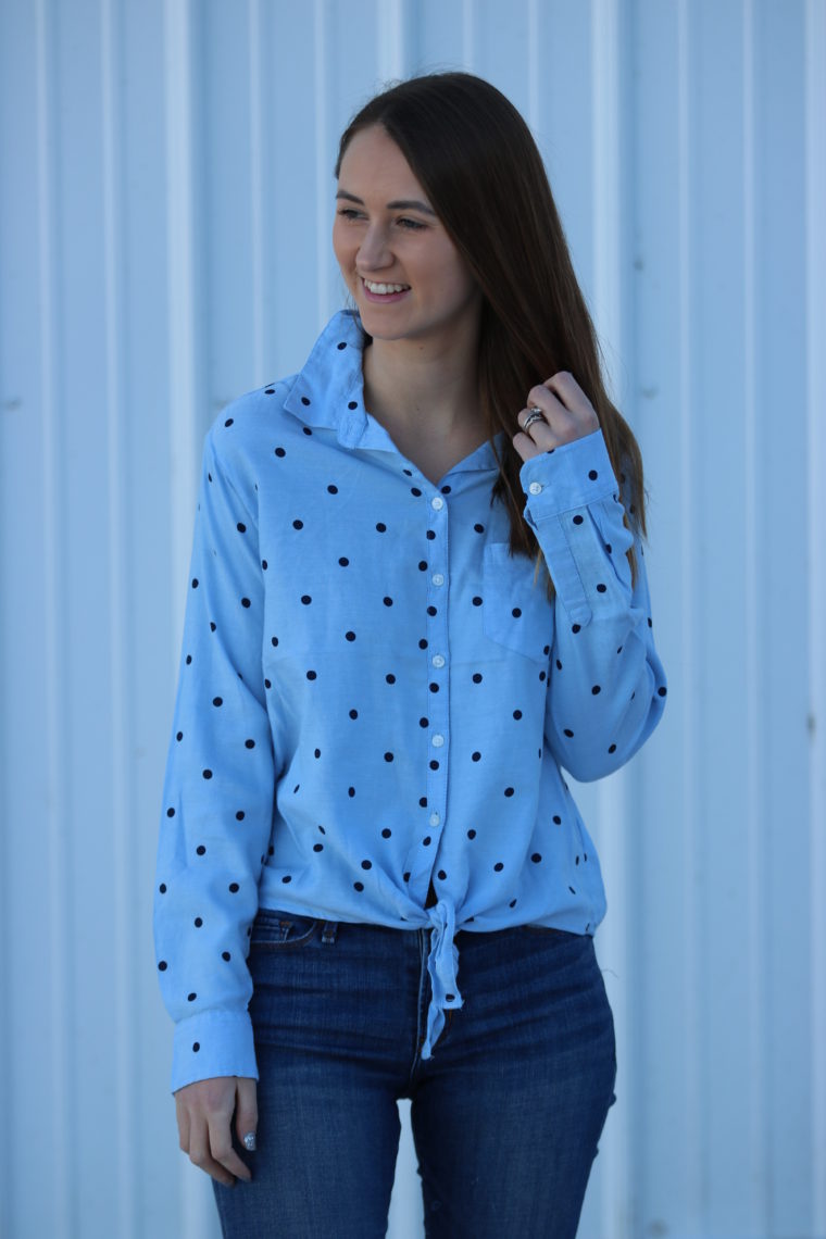 polka dot top, tie front top, polka dots