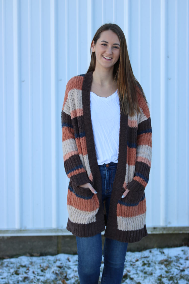 multi cardigan, white tee, comfy cardigan