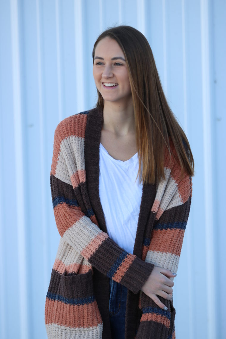 striped cardigan, comfy style