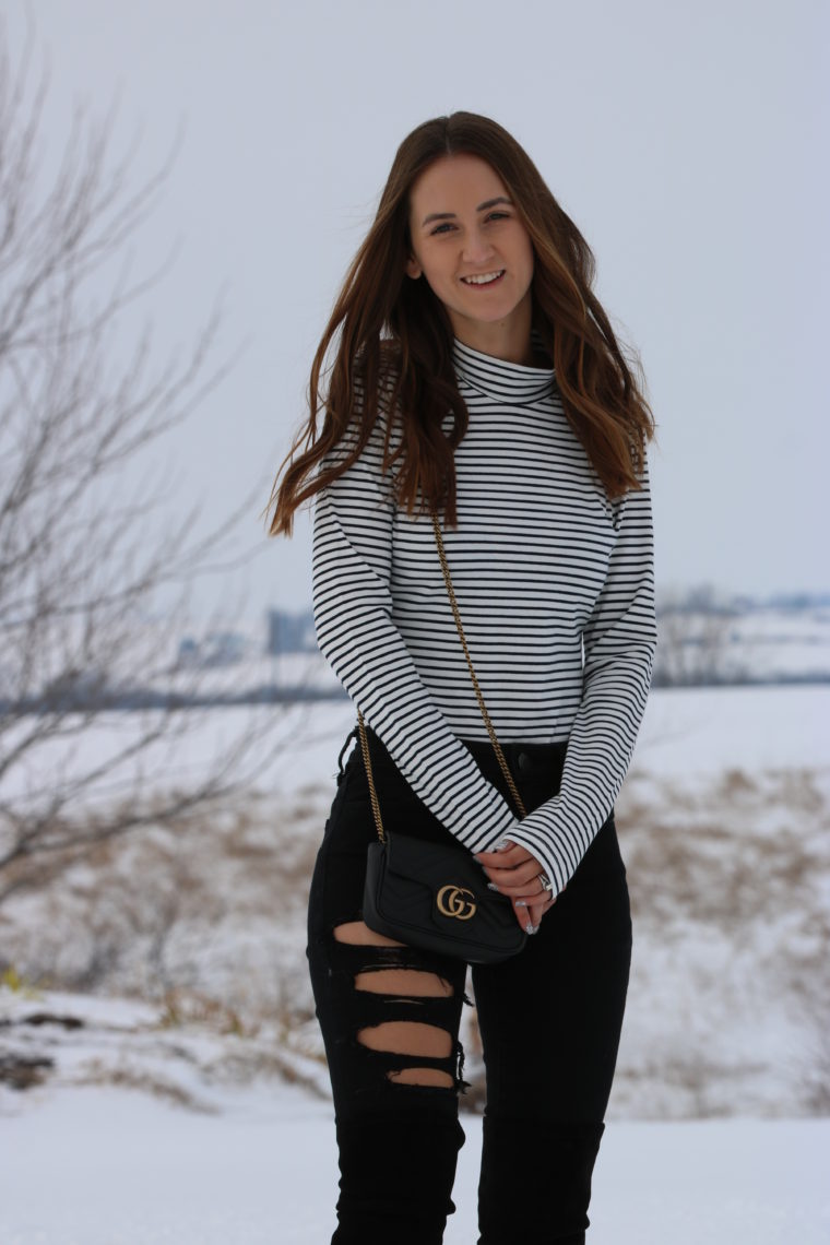 striped bodysuit, black & white bodysuit, Gucci bag