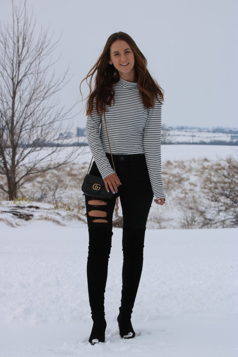 striped bodysuit, Gucci bag, winter style