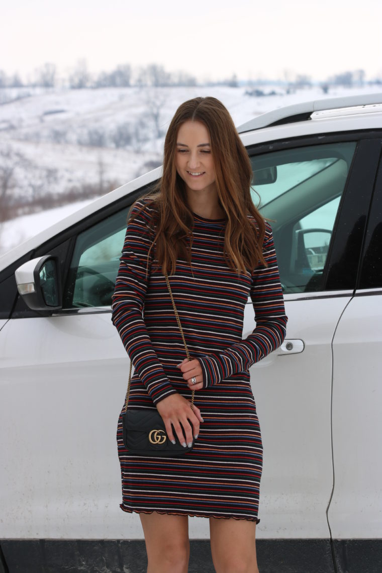 striped dress, Gucci bag, winter style