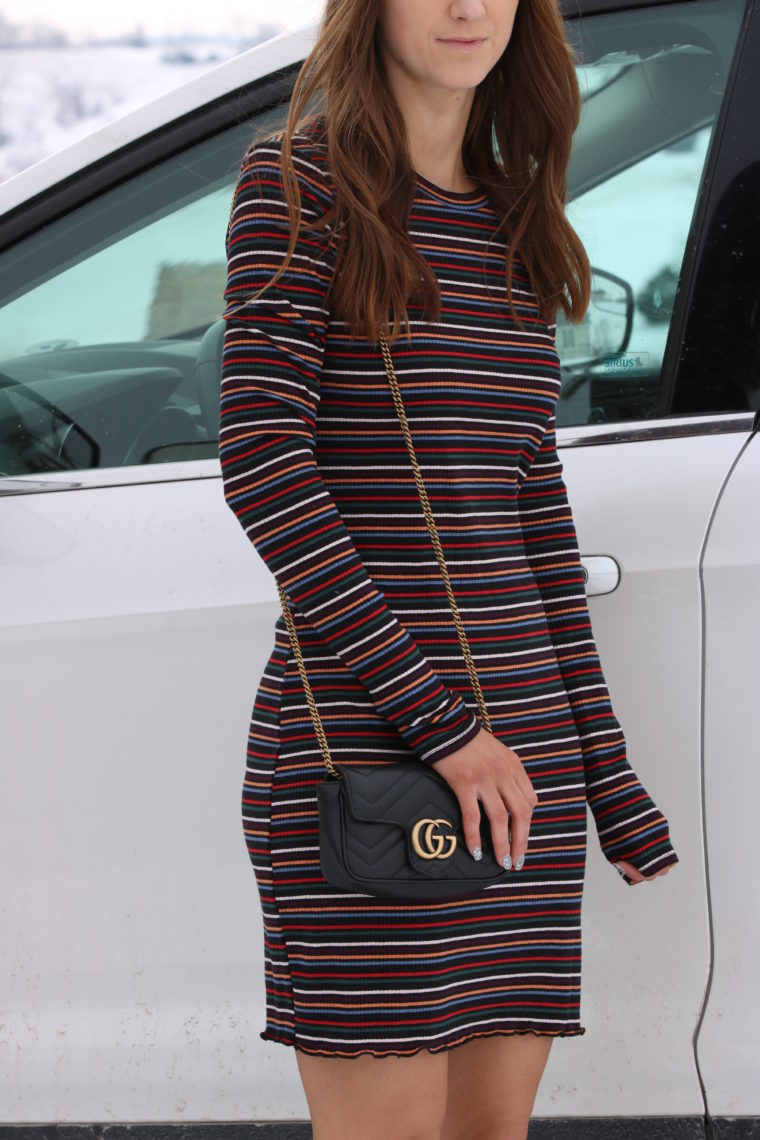 striped dress, ribbed dress, Gucci bag