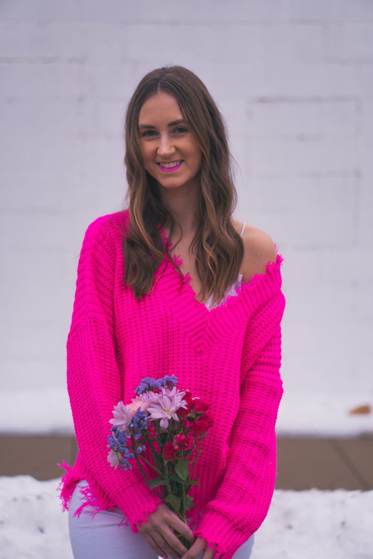 fuchsia sweater, Valentine's Day outfit, destroyed sweater