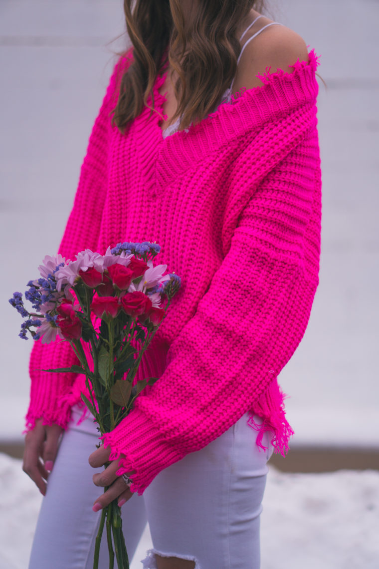 fuchsia sweater, Valentine's Day outfit, off the shoulder sweater