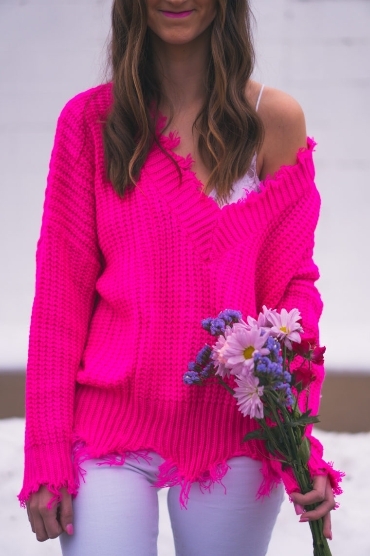 fuchsia sweater, Valentine's Day outfit, destroyed sweater