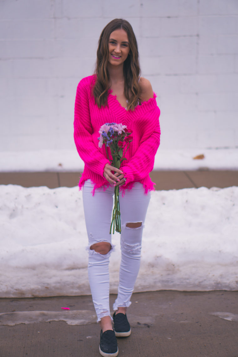 fuchsia sweater, destroyed hem, vday outfit